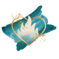 White flames inside gold heart with aqua paint behind it.